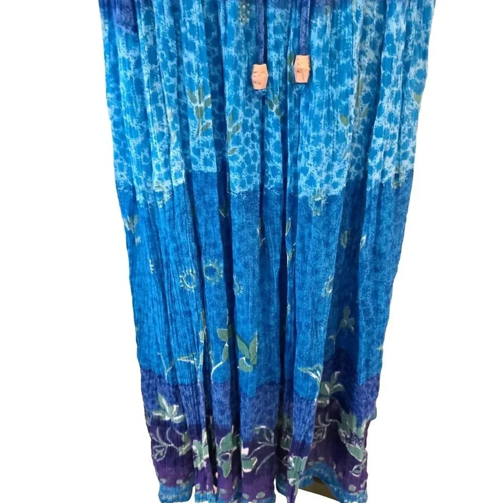 Vintage 1990s Jasmine KVM Maxi Dress Womens M Blue Batik Floral Button Front 90s